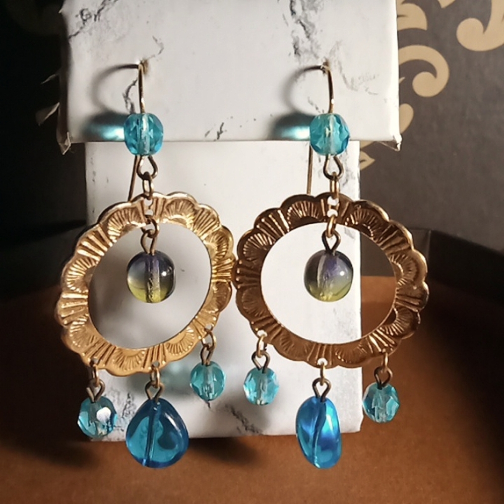 Purple Glass & Turquoise Crystal Beads Drop Dangle Earrings